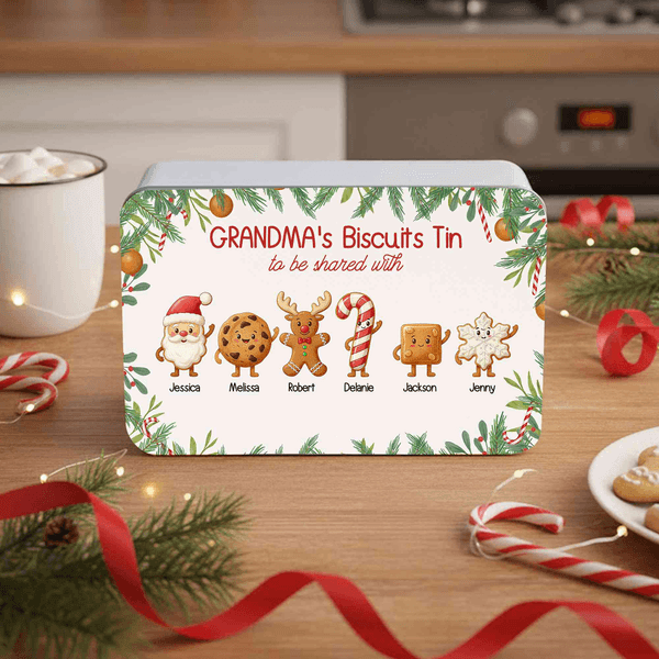 Personalized Cartoon Santa Claus Reindeer Cookie Tin Biscuit Storage Box with 1-8 Names and Text Daily Use Christmas Gift for Kid Family