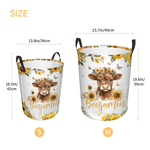 Spersonalizowany duży wodoodporny kosz na pranie Cute Sunflower Highland Cow z imieniem i uchwytem do codziennego użytku Prezent urodzinowy dla dzieci