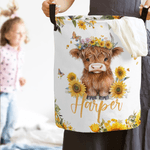 Spersonalizowany duży wodoodporny kosz na pranie Cute Sunflower Highland Cow z imieniem i uchwytem do codziennego użytku Prezent urodzinowy dla dzieci