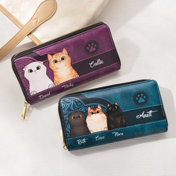 Personalised Retro Cartoon Cat Large PU Leather Name Hand Wallet with Multiple Compartments Metal Zipper Birthday Anniversary Gift for Cat Pet Lovers