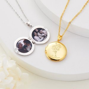 Collier de médaillon personnalisé avec photo fleur de naissance et nom - Cadeau d'anniversaire Saint-Valentin pour les femmes