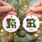 Personalized Snowman Poinsettia Initial Ceramic Christmas Ornament with Name Tree Decor Christmas Gift for Family Friends