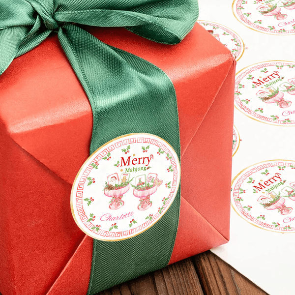 Personalized Merry Mahjong Cocktail Waterproof Stickers with Name Gift Decor Christmas Party Favor for Mahjong Lovers Players
