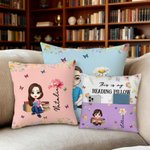 Birth Month Flower Reading Cartoon Character - Personalized Throw Pillow Cover - Gift for Family Bookworms