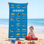 Personalized Multicolour Construction Truck Excavator Bulldozer Oversized Quick Dry Beach Towel with Text Birthday Gift for Boys Girls Truck Lovers