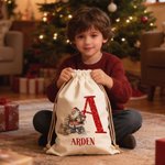 Personalized Santa Claus Canvas Drawstring Gift Bag with Name and Initial Christmas Gift for Kids Family