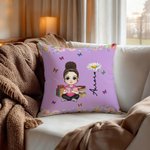Birth Month Flower Reading Cartoon Character - Personalized Throw Pillow Cover - Gift for Family Bookworms