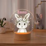 Personalised Cute Cartoon Animal Floral Wreath Acrylic LED Night Light with Name and Wooden Base Birthday Christmas Gift for Kids