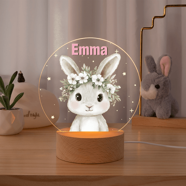 Personalised Cute Cartoon Animal Floral Wreath Acrylic LED Night Light with Name and Wooden Base Birthday Christmas Gift for Kids