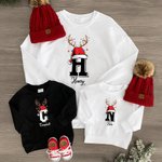 Personalised Multicolour Reindeer Horns Santa Hat Initial Kids Adults Sweatshirt with Name Christmas Evening Outfit Gift for Family