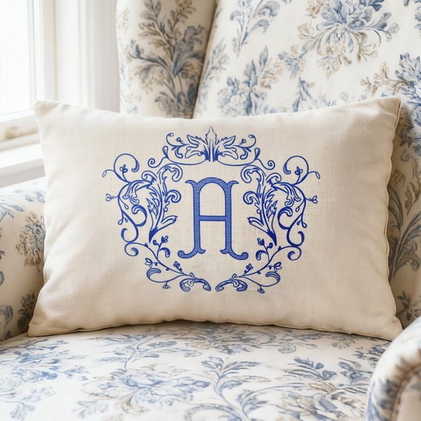 Personalised French Country Style Victorian Crest Monogram Cushion Cover Home Decor Wedding Anniversary Gift for Newlyweds Family
