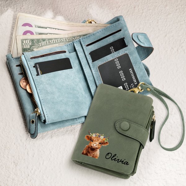 Portafoglio da polso personalizzato in pelle di mucca delle Highlands con portacarte e nome, regalo di compleanno per le donne amanti delle mucche delle Highlands.