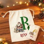 Personalized Santa Claus Canvas Drawstring Gift Bag with Name and Initial Christmas Gift for Kids Family