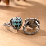Personalized Western Style Checkered Turquoise Inspiration Heart-Shaped Ring with Engraved Name Christmas Birthday Anniversary Gift for Woman