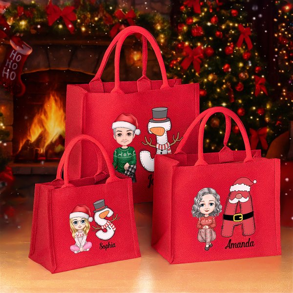 Personalisierte Cartoon-Charakter Rote Tragetasche mit Namen Schnee- und Weihnachtsmann Initialen Party Weihnachtsgeschenk für Kinder Familie Freunde