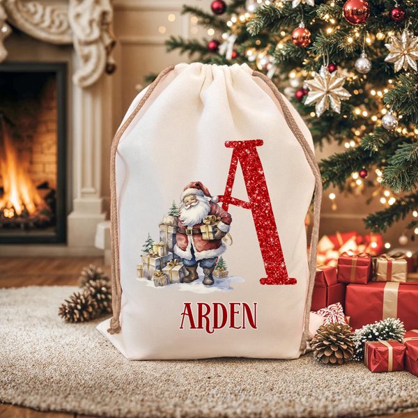 Personalized Santa Claus Canvas Drawstring Gift Bag with Name and Initial Christmas Gift for Kids Family