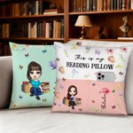 Birth Month Flower Reading Cartoon Character - Personalized Throw Pillow Cover - Gift for Family Bookworms