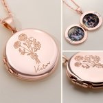 Personalizado 1-5 Nacimiento Flores Relicario Collar con nombre grabado y 2 fotos Dainty Joyería Aniversario Cumpleaños Regalo para las mujeres