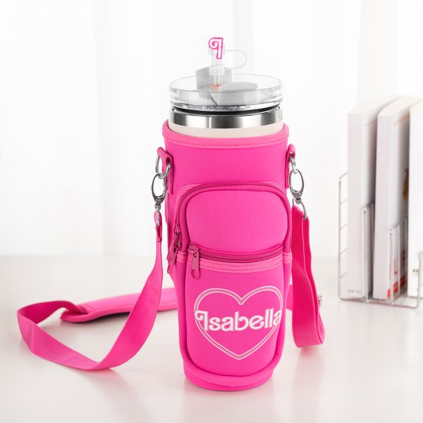 Personalized Pink Doll Style Water Bottle Carrier Bag for 40oz Stanley Tumbler with Straw Topper Pouch and Adjustable Strap Birthday Gift for Her