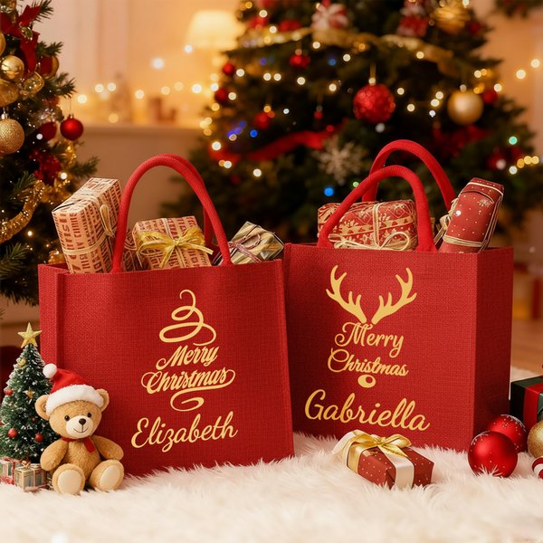 Personalised Christmas Tree Elk Golden Wreath Large Red Linen Tote Bag with Name Christmas Party Favor Gift for Family Friends
