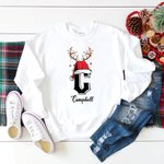 Personalised Multicolour Reindeer Horns Santa Hat Initial Kids Adults Sweatshirt with Name Christmas Evening Outfit Gift for Family