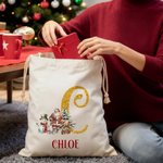 Personalized Santa Claus Canvas Drawstring Gift Bag with Name and Initial Christmas Gift for Kids Family