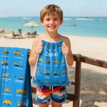 Personalized Multicolour Construction Truck Excavator Bulldozer Oversized Quick Dry Beach Towel with Text Birthday Gift for Boys Girls Truck Lovers