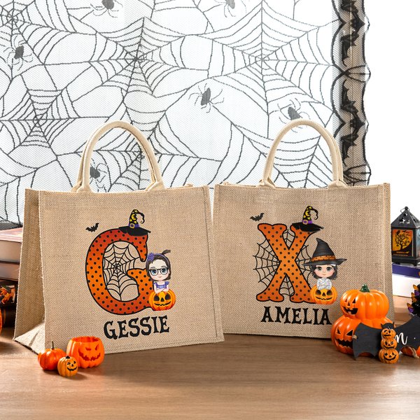 Personalizzato Cartoon Character Pumpkin Design Trick or Treat Candy Tote Bag in iuta con iniziali e nome Bomboniere per feste di Halloween Regalo per bambini