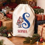 Personalized Santa Claus Canvas Drawstring Gift Bag with Name and Initial Christmas Gift for Kids Family