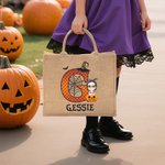 Personalized Cartoon Character Pumpkin Design Trick or Treat Candy Jute Tote Bag with Initial & Name Halloween Party Favors Gift for Kids
