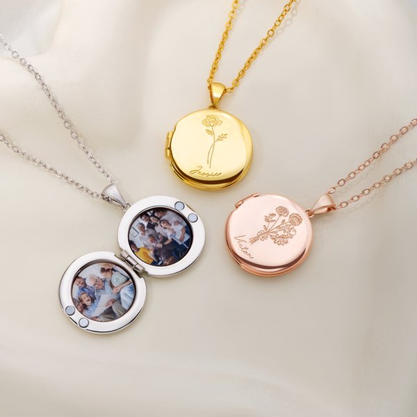 Personalizado 1-5 Nacimiento Flores Relicario Collar con nombre grabado y 2 fotos Dainty Joyería Aniversario Cumpleaños Regalo para las mujeres