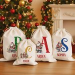 Personalized Santa Claus Canvas Drawstring Gift Bag with Name and Initial Christmas Gift for Kids Family