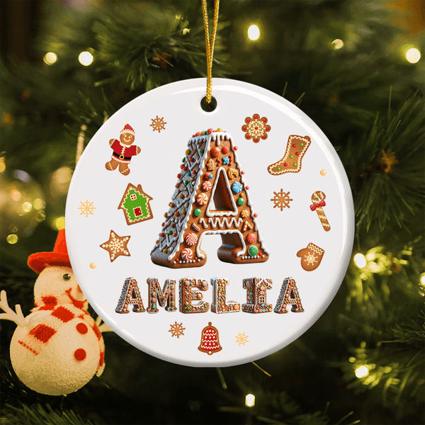 Personalized Gingerbread Man House Candy Cane Ceramic Ornament with Name and Initial Home Tree Decor Christmas Gift for Kids Family