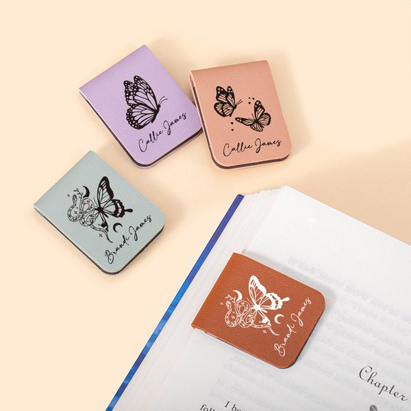 Spersonalizowana zakładka do książki z imieniem i nazwiskiem w kształcie kwiatowego motyla, owada, magnetyczna zakładka do książki ze skóry PU, prezent urodzinowy dla mola książkowego