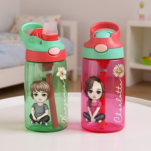 Botella personalizada de 475 ml con pajita y tapa con personaje de dibujos animados y flor de nacimiento regalo de vuelta al cole para chicos y niños