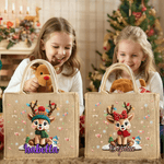 Personalized Cute Cartoon Christmas Elk Jute Tote Bag with Name Travel Accessories Christmas Gift for Children