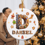 Personalized Gingerbread Man House Sweets Cane Ceramic Ornament with Name and Initial Home Tree Decor Christmas Gift for Kids Family