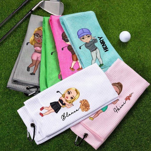 Personalized Birth Flower Cartoon Character Absorbent Waffle Golf Towel with Name and Hanging Clip Sports Accessories Gift for Golf Player