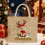 Personalized Cute Cartoon Christmas Elk Jute Tote Bag with Name Travel Accessories Christmas Gift for Children