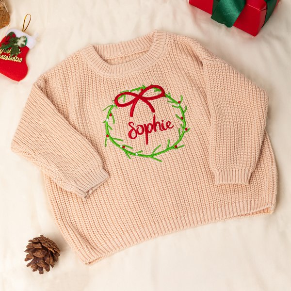 Personalised Christmas Wreath Sweater with Embroidered Name Birthday Baby's 1st Christmas Gift for Newborns New Parents