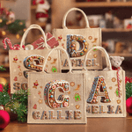 Personalized Cartoon Gingerbread Sweets Large Capacity Jute Tote Bag with Name and Initial Daily Use Christmas Party Gift for Women Family Friends