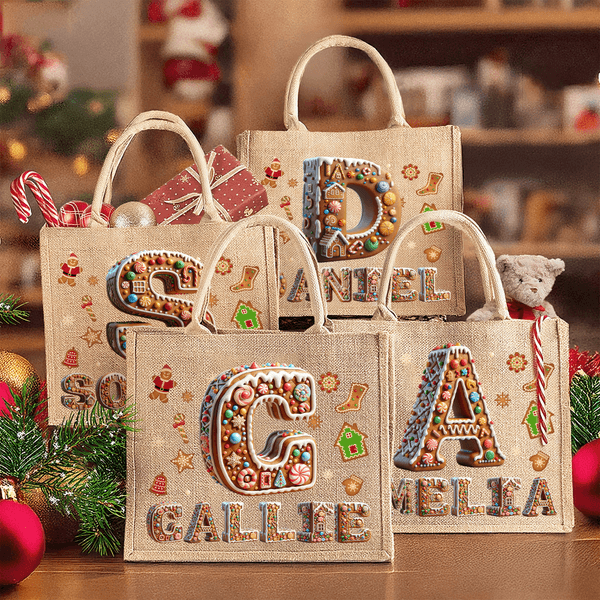 Personalized Cartoon Gingerbread Sweets Large Capacity Jute Tote Bag with Name and Initial Daily Use Christmas Party Gift for Women Family Friends