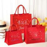 Personalised Shiny Rhinestone Snowman Reindeer Red Jute Tote Bag with Name Christmas Gift for Family Kids