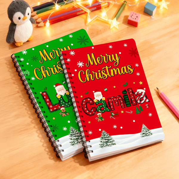 Personalized Santa Claus Christmas Tree Spiral A5 Notebook with Name and 120 Lined Pages Christmas Gift for Family Kids