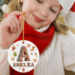 Personalized Gingerbread Man House Sweets Cane Ceramic Ornament with Name and Initial Home Tree Decor Christmas Gift for Kids Family