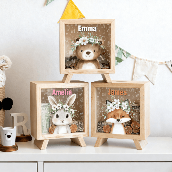 Tirelire en Bois Personnalisée avec Motif Animaux Couronne de Fleurs Mignonne et Nom  Cadeau Fête des Enfants Anniversaire pour Enfants
