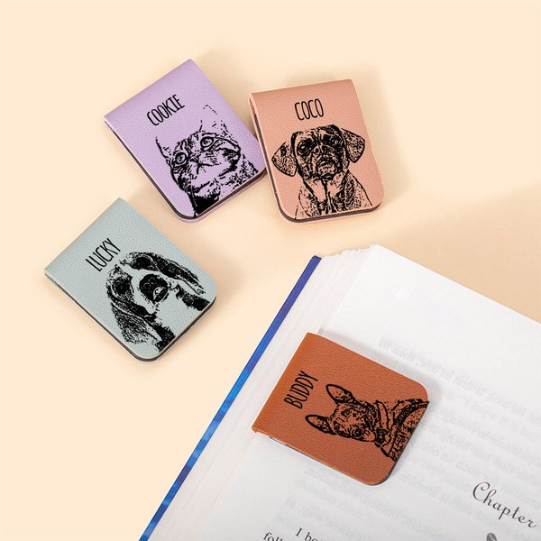 Personalised Sketch Dog Cat Face Magnetic Leather Bookmark Clip with Name School Office Stationary Supplies Gift for Pet Lover Book Lover