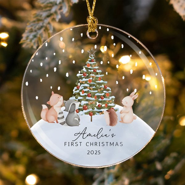 Gepersonaliseerd Schattig Dieren Baby's Eerste Kerstmis Transparant Acryl Ornament met Naam en Jaar Boomdecoratie Kerst Babyshower Cadeau voor Baby