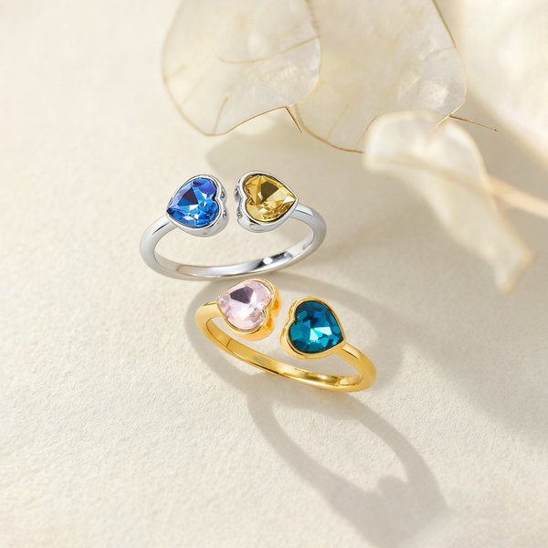 Personalised Double Hearts Birthstone Ring Dainty Jewellery Birthday Anniversary Gift for Women