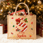 Personalized Candy Cane Initial Large Jute Tote Bag with Name Christmas Gift for Friends Family